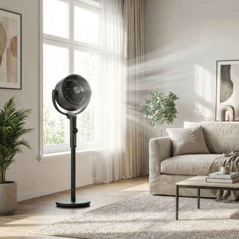 Ventilateur sur Pieds Silencieux, 15 Vitesses, Télécommande, Oscillation Large, Minuterie, Hauteur Réglable, Noir