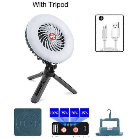 Ventilateur suspendu 3 en 1 rechargeable par USB avec lampe LED et chargeur USB pour téléphone portable