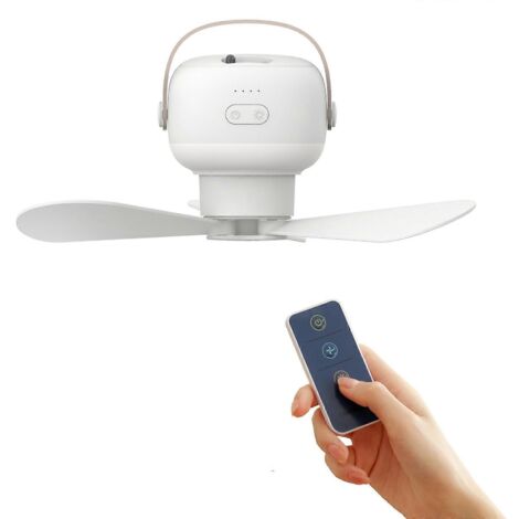 Ventilateur suspendu rechargeable avec télécommande et lampe de camping pour tente - 3600 mAh - Blanc