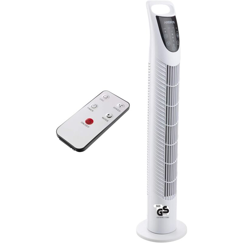 AREBOS Ventilateur tour avec télécommande et minuterie 40 Watt Oscillation 75° Blanc