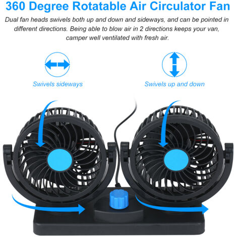 Ventilateur USB double tête 12 V, rotation à 360°, 6,5 W, puissant, avec 2 vitesses et un câble USB de 1 m. Idéal pour voiture, camion, bureau ou chambre.