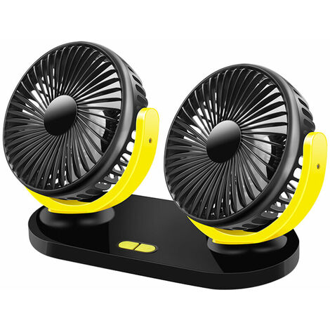 Ventilateur USB double tête rotatif à 360 degrés 5 V 2 A 3 modes de vitesse portable pour dortoir, bureau, voiture (noir et jaune)