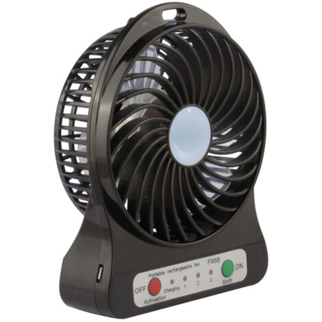 Ventilateur USB portable, alimenté par batterie, avec lampe torche, silencieux et puissant, ventilateur de bureau rechargeable, peut recharger votre téléphone - Noir