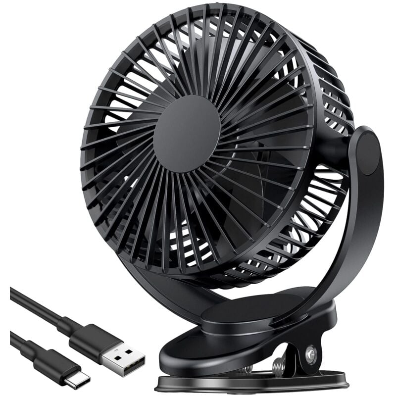Ventilateur usb, Ventilateur Portable Rechargeable, 3 vitesses Ventilateur à pince, Ventilateur de Bureau de 5000 mAh, Rotation à 360°, pour le