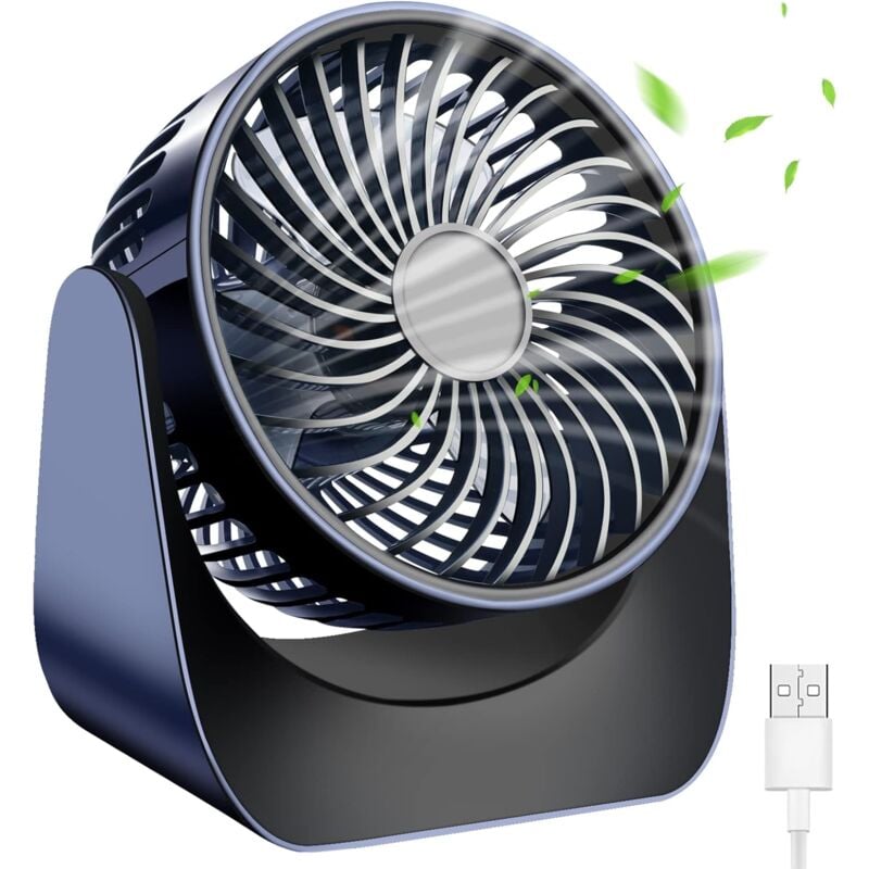 Ventilateur usb, Ventilateur Silencieux à Batterie, 360° Rotation Portable Mini Ventilateur, 3 Vitesses Petit Ventilateur de Bureau avec Câble 1,5m