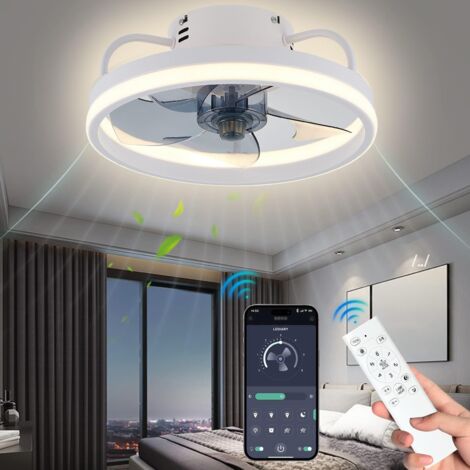 Ventilateurs de plafond 50 cm avec éclairage et télécommande, 6 vitesses, variateur d'intensité, application intelligente, éclairage silencieux et moderne pour salon,chambre (Blanc, 50cm)