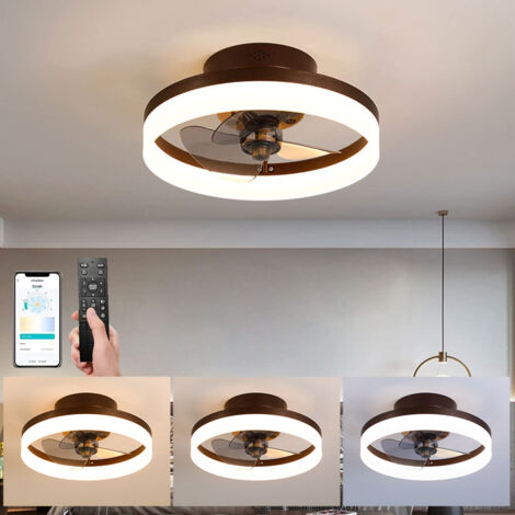 Ventilateurs de plafond à profil bas de 45 cm avec lumières et télécommande, ventilateur de plafond à intensité variable, montage encastré, marron
