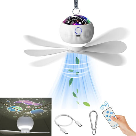 Ventilateurs de plafond avec lumières et projection étoilée, ventilateur suspendu avec télécommande, ventilateur de camping portable rechargeable
