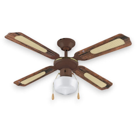 Ventilatore a soffitto 107 cm con 4 pale effetto legno vintage e plafoniera singola in vetro -  Legno
