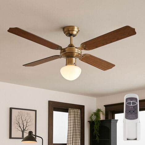 Ventilatore a soffitto con interruttore a strappo Ventilatore a soffitto a 3 velocità con telecomando Lampada a soffitto, avanti/indietro, vetro wickerwork, 1x LED 7W 560Lm, P 106,6 cm