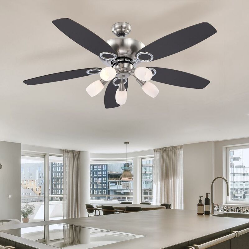 Image of Etc-shop - Ventilatore con illuminazione, ventilatore in legno, soggiorno, ventilatore da soffitto, 5 pale, funzione reversibile, interruttore a