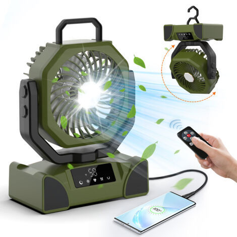 Ventilatore da campeggio da 20000 mAh, ventilatore portatile ricaricabile a 5 velocità, ventilatore USB silenzioso con luce LED, telecomando e gancio, verde