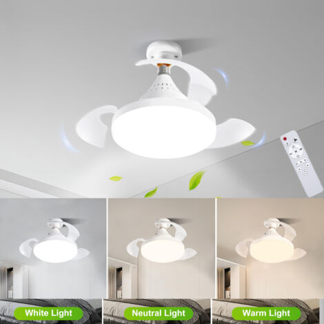 Ventilatore da soffitto a LED con telecomando, pale retrattili, 3 velocità del vento, temperatura colore regolabile (3000-4500K-6500K), 38 cm (bianco)