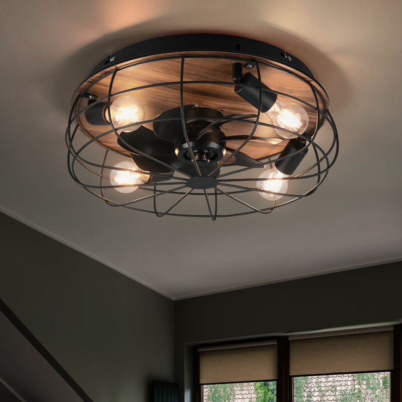 Image of Ventilatore da soffitto con telecomando Lampada da soffitto per soggiorno con effetto legno, metallo nero, timer a 3 velocità, attacchi 4x E27, p 48