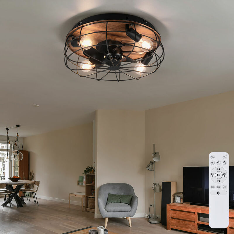 Image of Ventilatore da soffitto con telecomando lampada da soffitto ventilatore soggiorno in aspetto legno, metallo nero, timer a 3 velocità, prese 4x E27, d