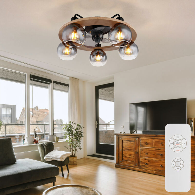 Image of Globo - Ventilatore da soffitto con telecomando plafoniera ventilatore in legno lampada retro vetro fumé, vetro metallo, 5x E27, DxH 55x21,5 cm