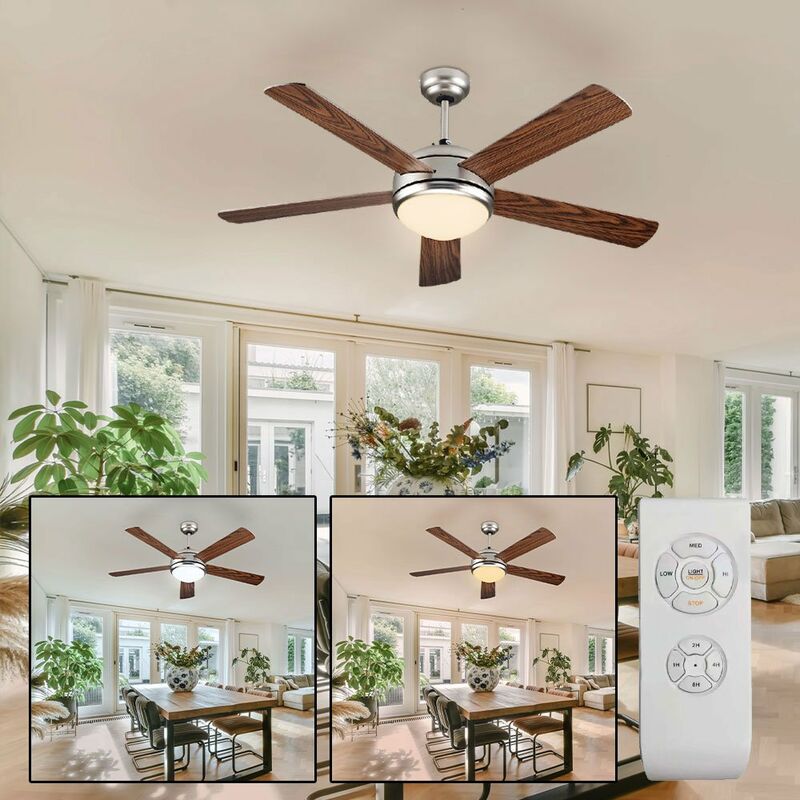 Image of Ventilatore da soffitto lampada plafoniera ventilatore legno telecomando, timer cct 3 livelli, metallo mdf aspetto legno marrone chiaro/scuro vetro