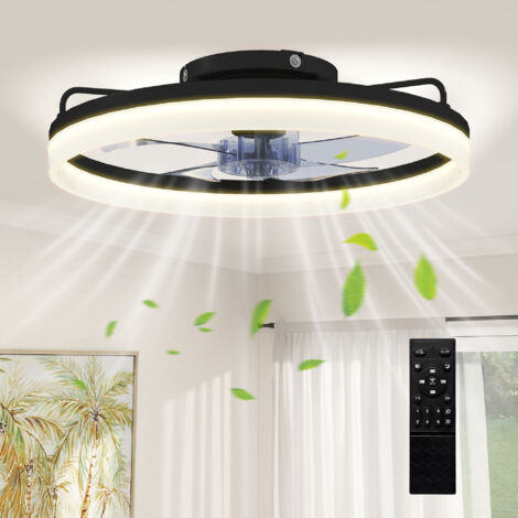 Ventilatore da soffitto nero in acciaio e plastica con luce LED dimmerabile, telecomando, timer e 6 velocità.