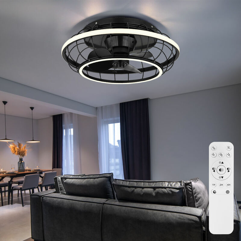 Image of Ventilatore da soffitto nero lampada da soffitto moderna soggiorno luce dimmerabile, anelli LED telecomando CCT timer, LED 30W 1300lm 2700-6500K, DxH