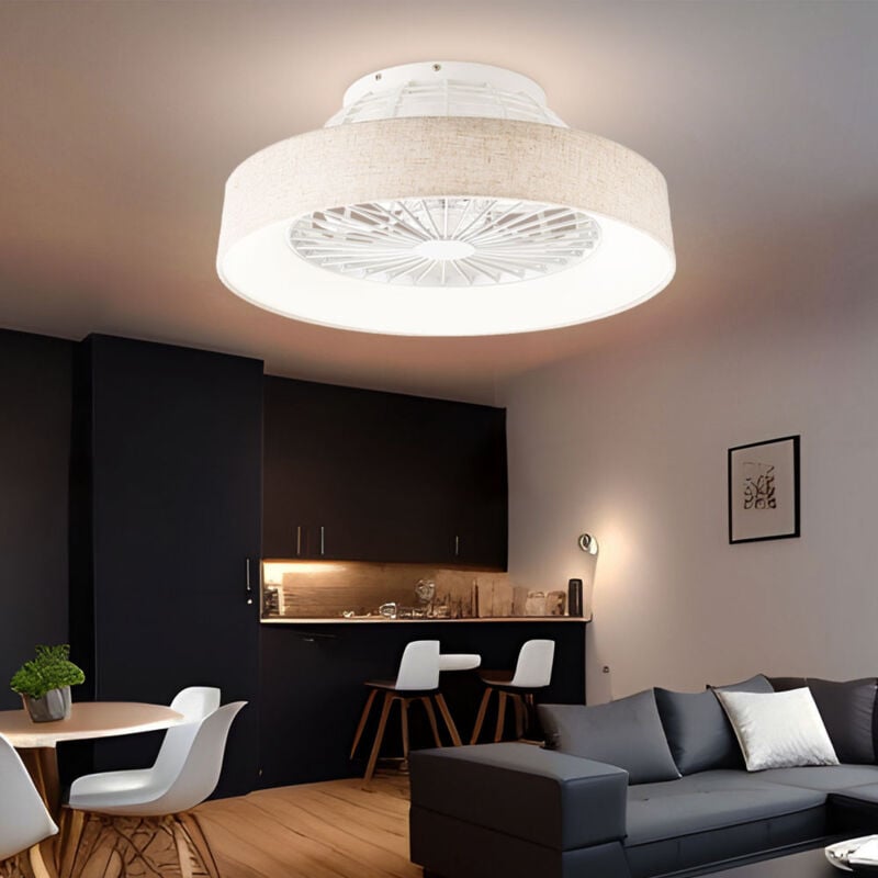 Image of Ventilatore da soffitto plafoniera lampada da soggiorno lampada da sala da pranzo ventilatore da camera, plastica tessile bianco naturale,