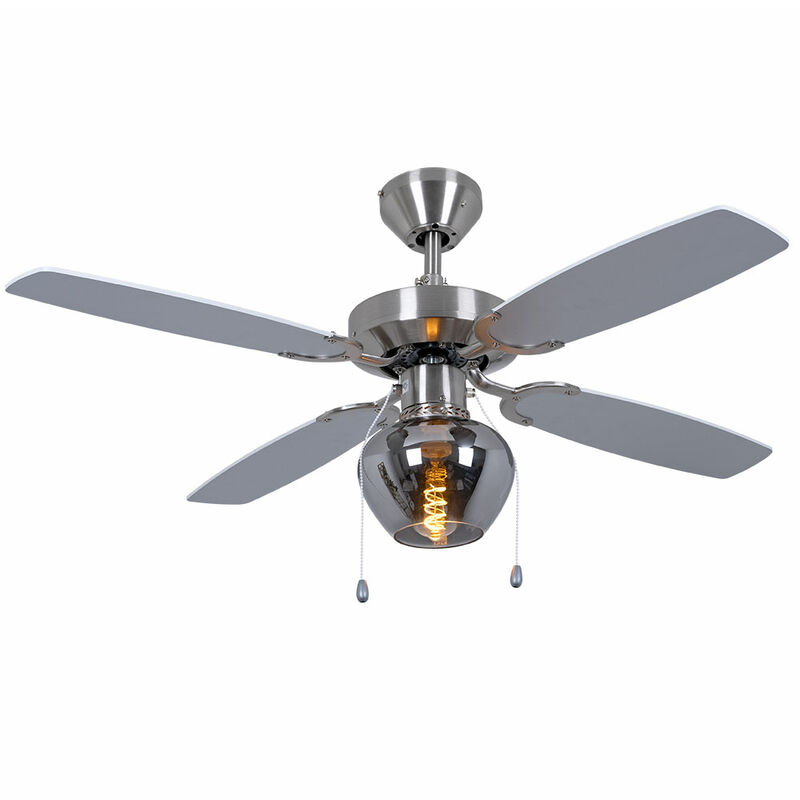 Image of Etc-shop - Ventilatore da soffitto plafoniera lampada ventilatore ventilatore da soggiorno vetro fumè, interruttore a tiretto a 3 stadi, metallo