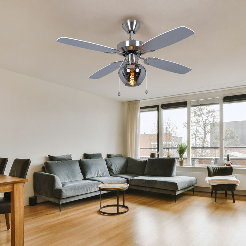 Image of Etc-shop - Ventilatore da soffitto plafoniera lampada ventilatore ventilatore da soggiorno vetro fumè, interruttore a tiretto a 3 stadi, metallo