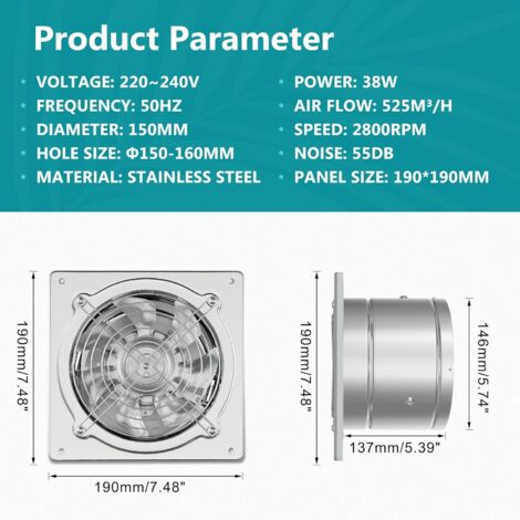 Ventilatore di scarico per bagno da 190 mm, silenzioso, 525 m³/h, con aletta di ritorno, potente ventilatore da parete in metallo con spina UE per cucina, bagno, garage, seminterrato, argento