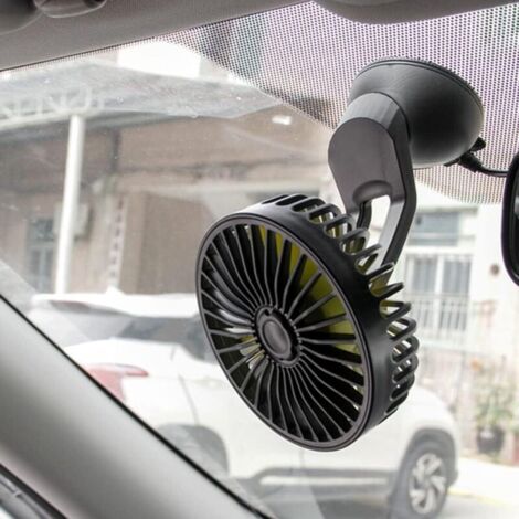 Ventilatore per auto USB 12V/24V con 3 velocità, potente ventosa, rotazione a 360°, dimensioni compatte.