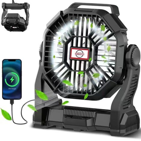 Ventilatore portatile ricaricabile, alimentato da una batteria da 10.400 mAh, con lanterna LED, USB, ideale per viaggi, camera da letto, campeggio, ufficio, spiaggia e pesca (nero)