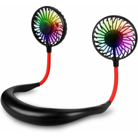 Ventilatore portatile, ventilatore da collo, mini ventilatore da collo ricaricabile tramite USB con luce LED, doppio ventilatore da testa a vento, 3 velocità per ufficio, viaggi, sport (nero)