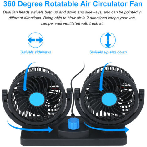 Ventilatore USB a doppia testa da 12 V, ventilatore da tavolo girevole a 360 gradi, potente circolatore d'aria da 6,5 W con 2 velocità, cavo da 1 m per auto, camion, ufficio, camera da letto