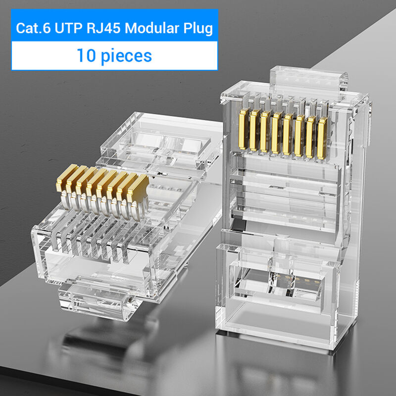 

IDDR0-10 Conector de red Cat.6 Conector modular RJ45 Contactos chapados en oro Material de PC Cat.6 UTP 10 Piezas, Transparente - Vention