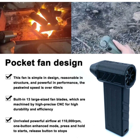 Ventola a getto silenziosa ad alta potenza da 28,8 mm con motore brushless da 110.000 giri/min, turboventola, pulitore, interfaccia Type-C, supporta il protocollo di ricarica rapida PD.