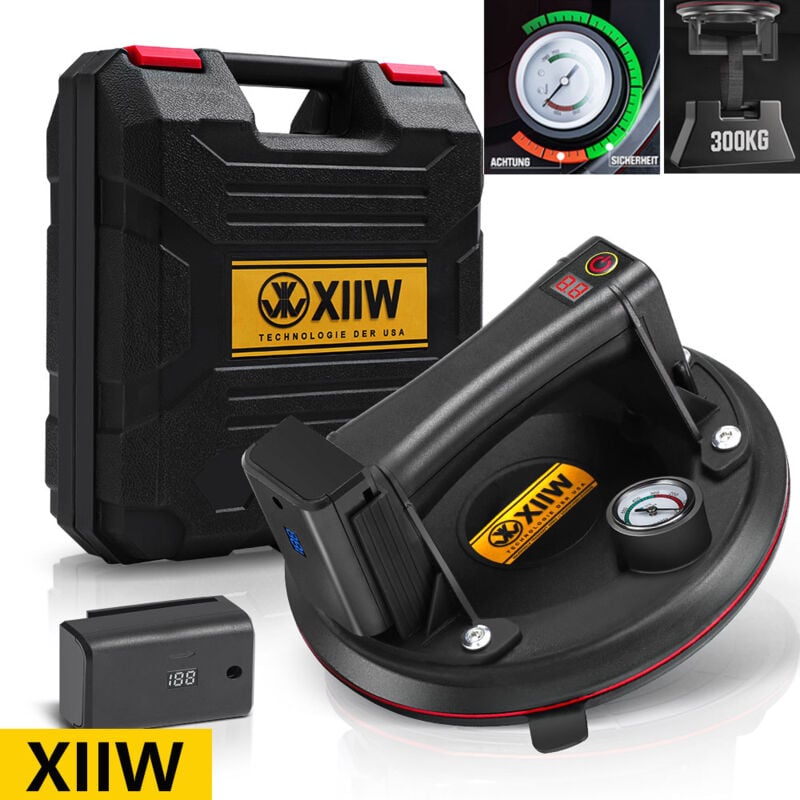 Ventouse électrique pour vitres avec batterie, avec 2 batteries de 2600 mAh et un manomètre, jusqu'à 300 kg, puissant lève-carreaux à vide de 8