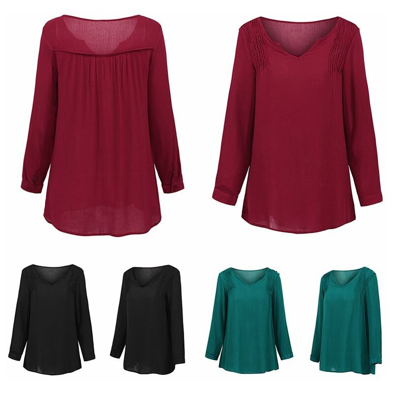 

Verano Casual Mujer Blusa suelta Cuello en V Manga larga Detalle fruncido Tallas grandes Tops de camisa,Verde oscuro, XL