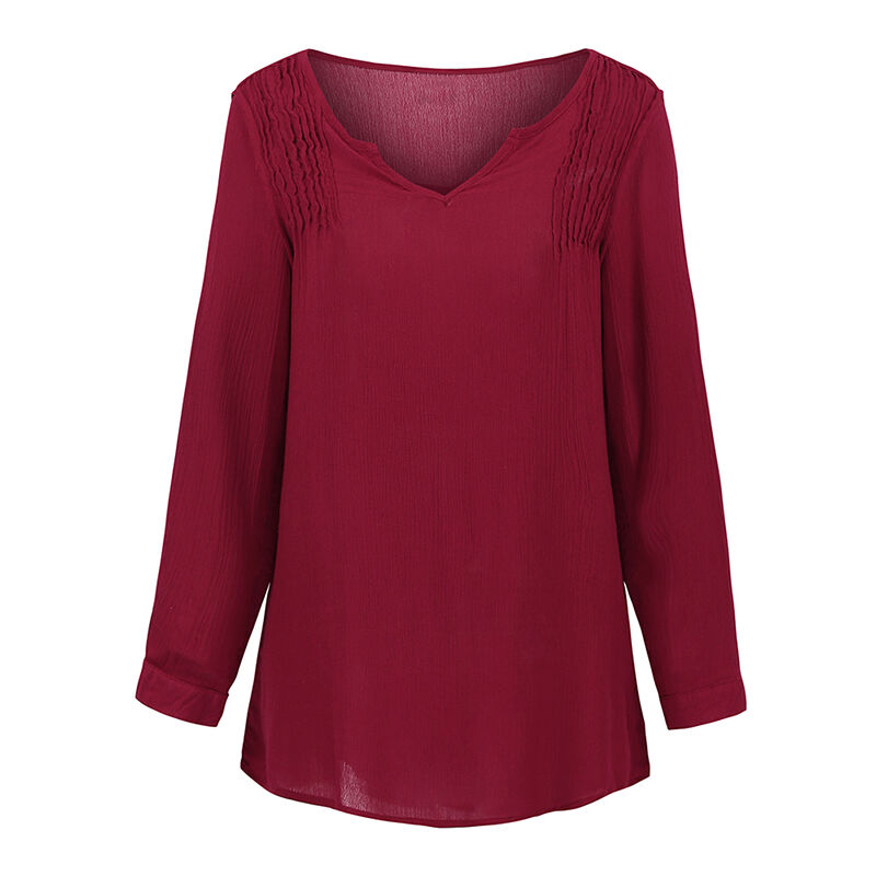 

Verano Casual Mujer Blusa suelta Cuello en V Manga larga Detalle fruncido Tallas grandes Tops de camisa,Borgona, XXXL