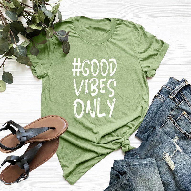 

Verano Mujer Good Vibes Only Camiseta Letras Imprimir O Cuello Camiseta de manga corta,Verde militar, S