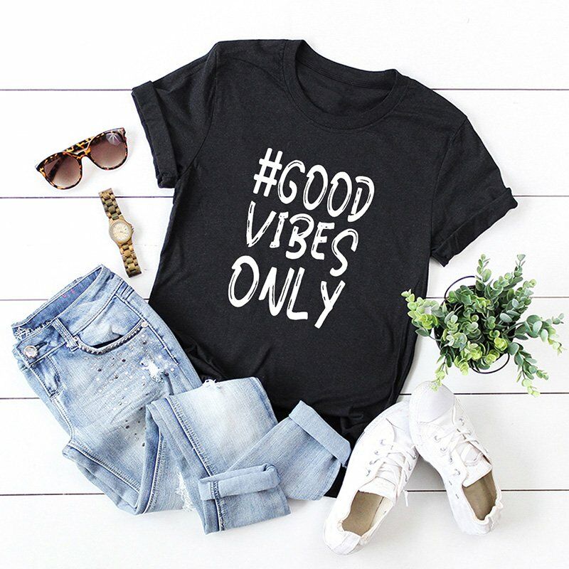 

Verano Mujer Good Vibes Only Camiseta Letras Imprimir O Cuello Camiseta de manga corta,Negro, S