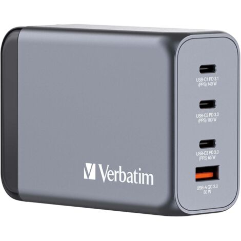 Verbatim GaN Charger 240 W, 4 Ports USB-C Ladegerät, Power Adapter mit 3 x USB-C und 1 x USB-A, Schnellladegerät als Mehrfachstecker