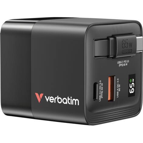 Verbatim Gan Charger 65W 2xUSB-C PD,1xUSB-A, retrac. Cable 32217