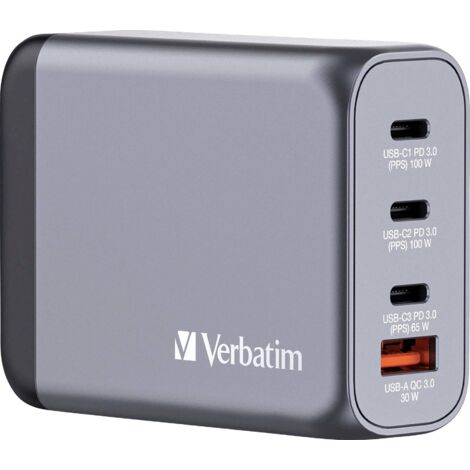 Verbatim GNC-100 Adaptateur de voyage 100 W 1x USB-A, 3x USB-C® Power Delivery, Power Delivery 3.0, QC 3.0 gris GaN, avec adaptateur pour l'Europe, a W990773