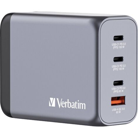 Verbatim GNC-200 GaN Adaptateur de voyage 200 W 1x USB-A, 3x USB-C® Power Delivery, Power Delivery 3.0, QC 3.0 gris GaN, avec adaptateur pour l'Europ W996063