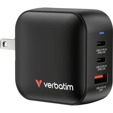 Verbatim Mini GaN Charger 70W 2xUSB-C PD, 1xUSB-A QC 3.0 32229