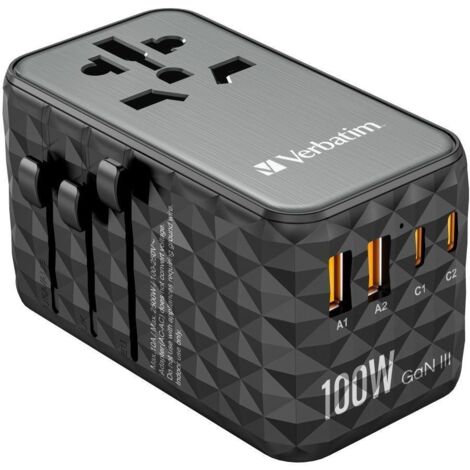 Verbatim UTA-06 GaN III Global-Reiseadapter 2x USB-C PD QC 4+ 100W, 2x USB-A QC 3.0 18W