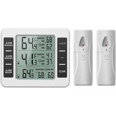 Verbesserte Version des Kühlschrankthermometers, kabelloses digitales Gefrierschrankthermometer, digitaler Sensor mit 2 Sensoren, Temperaturüberwachung und akustischem Alarm für drinnen und draußen (B