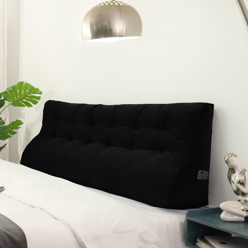 Vercart - Compensé Coussin de lecture Triangulaire de Repos au lit Dossier Tête de lit Soutien Dorsal Oreiller Décoratif, Noir Velours, 180 x 25 x 55