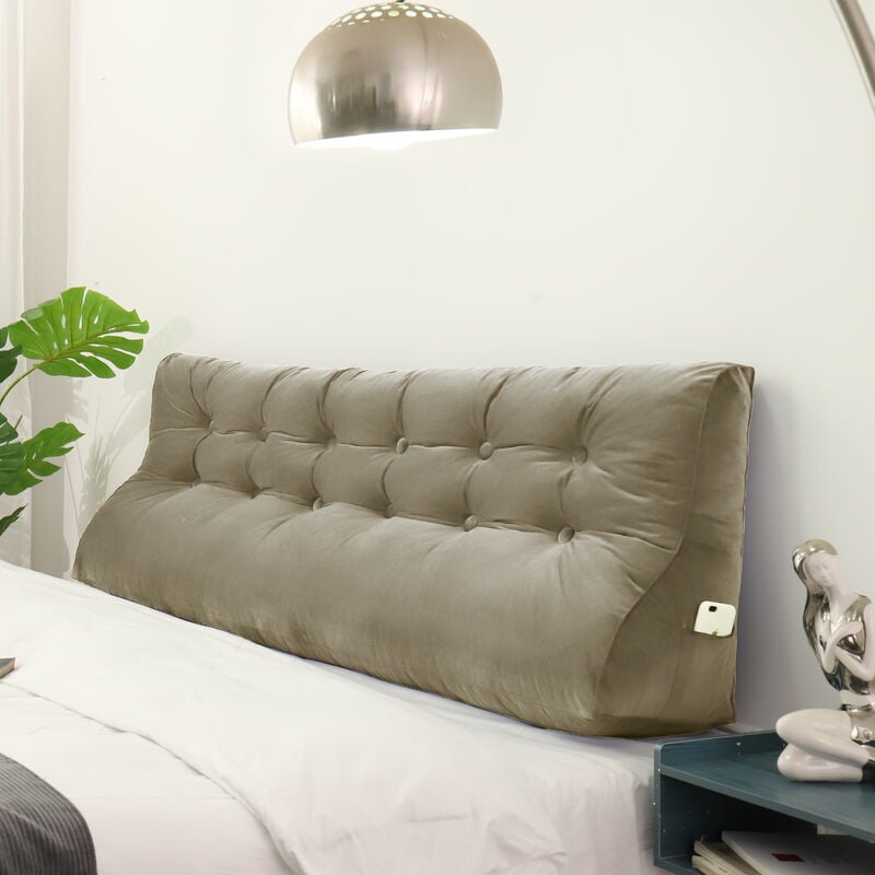 VERCART Compensé Coussin de lecture Triangulaire de Repos au lit Dossier Tête de lit Soutien Dorsal Oreiller Décoratif, Brun Clair Velours, 180 x 25