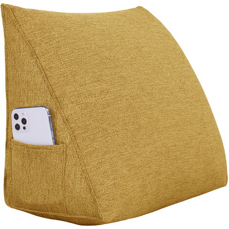 VERCART Coussin de Lecture pour les Enfants, Oreiller Traversin Soutien Dorsal, Triangulaire Coussin à Coins, Coussin tête de Lit Dossier, Oreiller de Repos Cale Dos en Lin Jaune 45CM