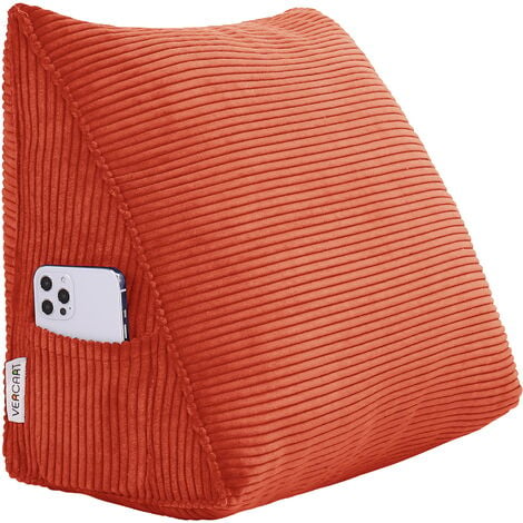 VERCART Keilkissen für Kinder, Lesekissen, Bettruhe Rückenkissen, Dreieckiges Liegekissen, Dekoratives Kopfteilkissen für Tagesbett oder Tiefes Sofa, Cord Orange, 45cm