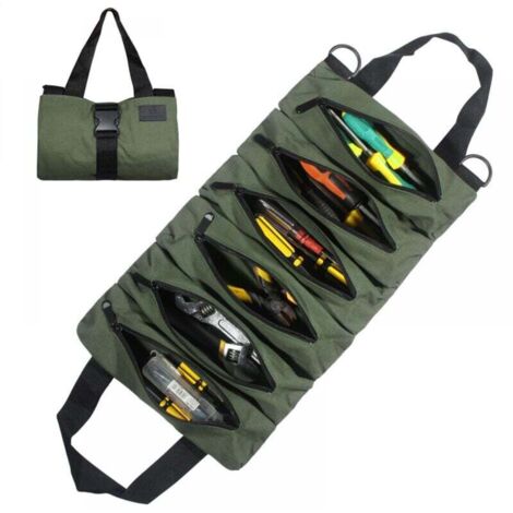 (Verde) Bolsa de herramientas enrollable portátil multifuncional de lona con 6 bolsillos con cremallera, adecuada para uso doméstico diario, carpintería, herramientas de electricista